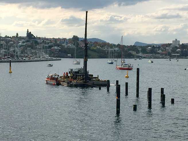 Work on the new floating marina on Derwent River.