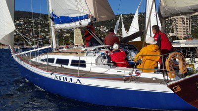 John Hunn's Atilla at the start of the Wrest Point to Dennes Point race today. Phot Michelle Denney,