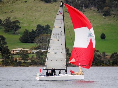 Cleopatra dashes away from the ivision 1 fleet in the Cock of the Huon. Photo Peter Campbell